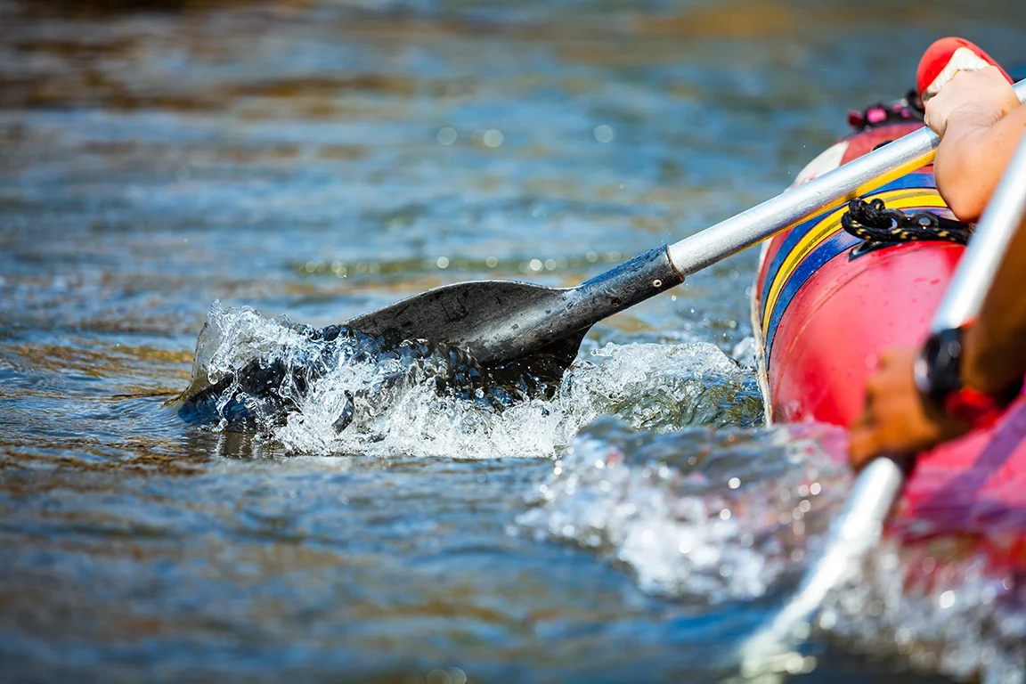 Photograph of a close up view of a river raft with oars in the water